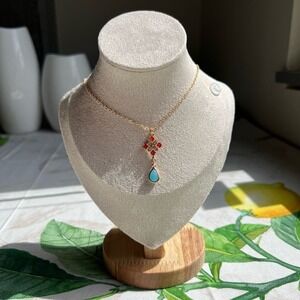 Orange Amber Crystal Turquoise Necklace, Diamond Cross Shape, Teardrop, Casual